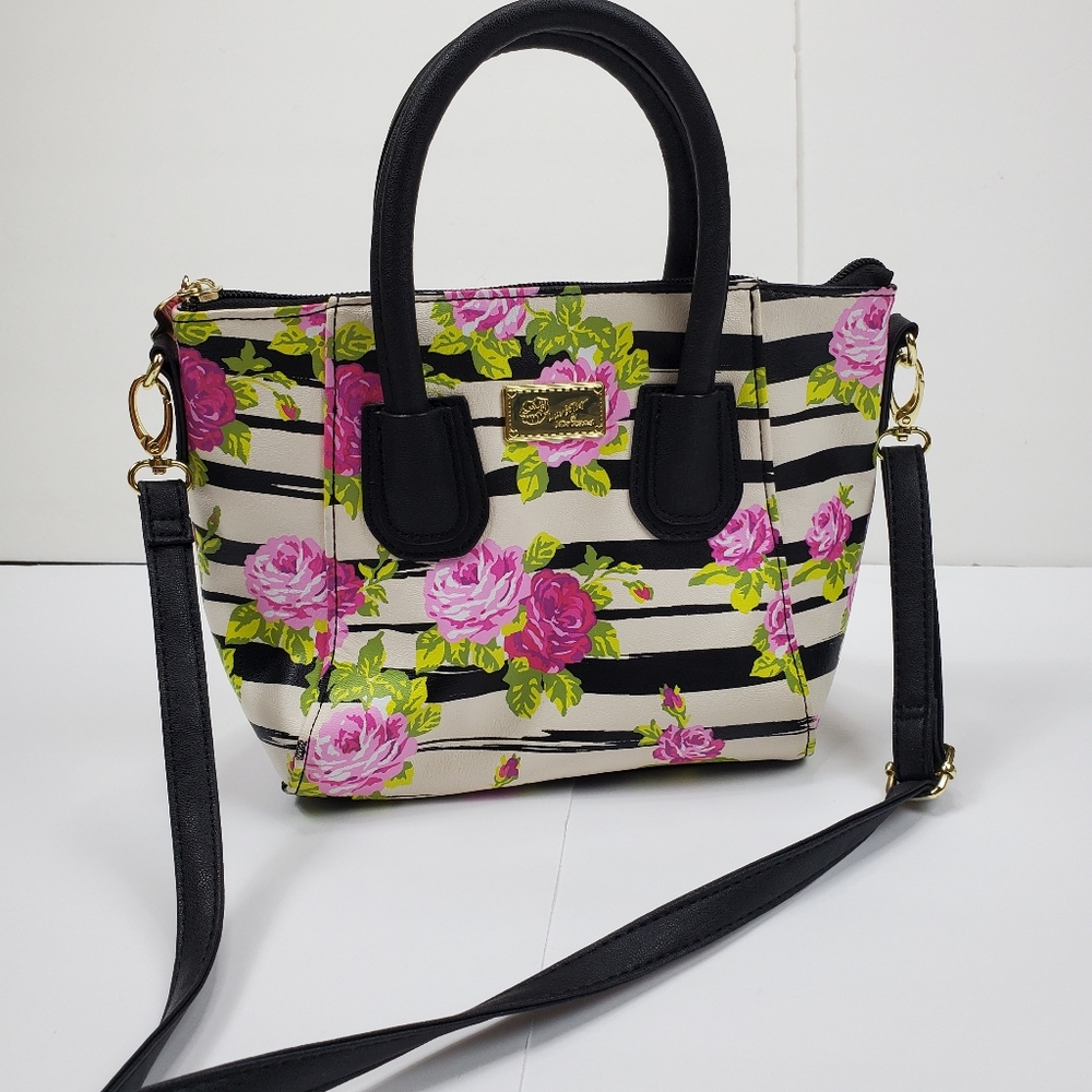Betsey Johnson Purse Rose Floral Gigi Small Satchel Heart Charm Striped Flower